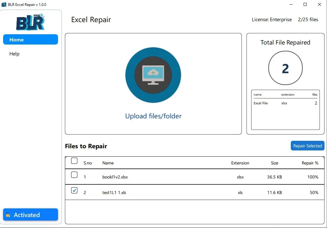 Excel Repair home screen